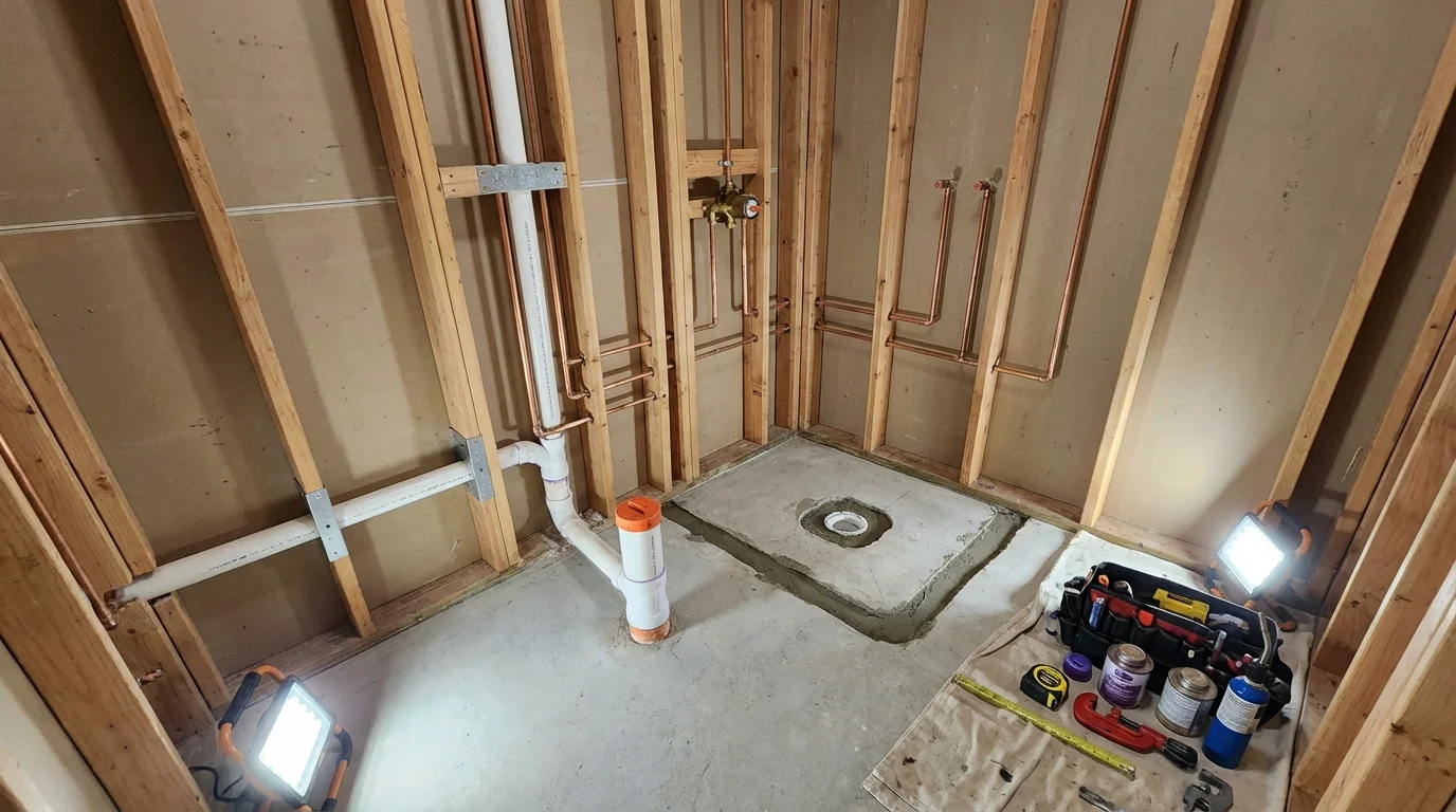 Bathroom rough-in plumbing during remodel by Johns Plumbing LLC in Kennedale