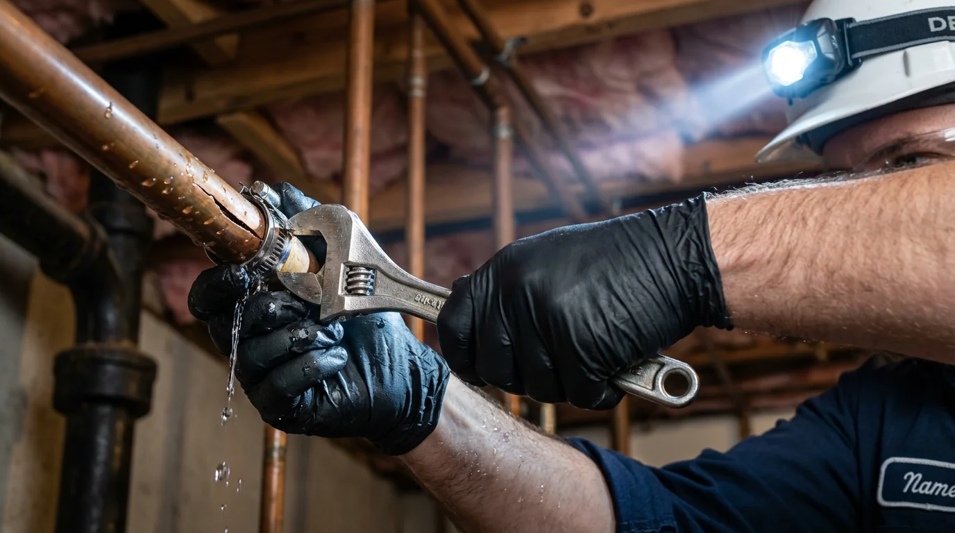Emergency pipe clamp repair being performed by a Johns Plumbing LLC plumber in Kennedale