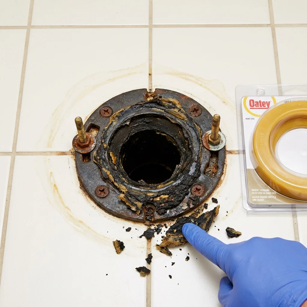 Failed wax ring showing water seepage at the base of a toilet in a Kennedale, TX home