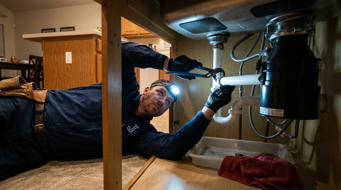 P-trap and supply line connections under a kitchen sink showing a common leak point in Kennedale, TX